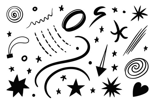 Dynamic abstract shapes and playful doodles create a vibrant, energetic visual for modern design projects and creative expression, perfect for adding a touch of whimsy and style.