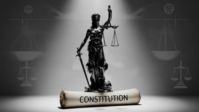Monochromatic statue of justice and constitution document law concept image for editorial or commercial use