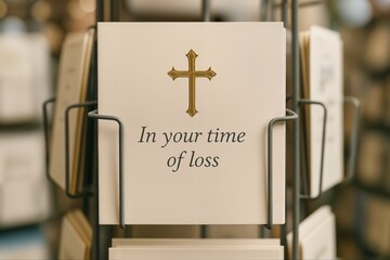 Ivory Memorial Card with Gold Cross for Sympathy and Comfort in Times of Loss, Displayed in Card Stand for Funerals or Memorial Services, Elegant Design with Serene Typography