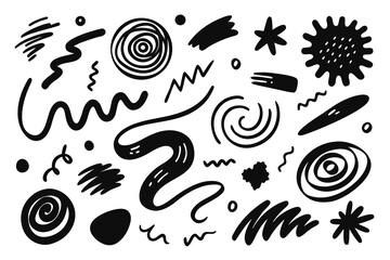 Dynamic collection of abstract black organic shapes and scribbles perfect for modern design projects, creating playful and energetic visual elements for websites, branding, and creative layouts.