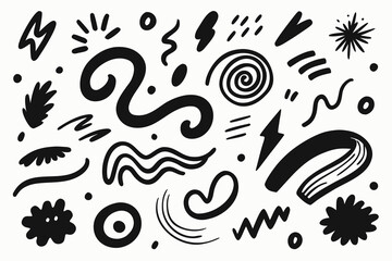 Naklejka premium Vibrant abstract doodle elements and shapes create a dynamic, modern design perfect for energetic branding, creative projects, and eye-catching digital content.