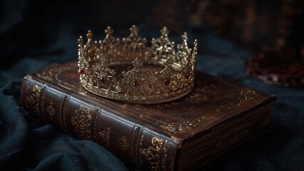 Golden ornate crown placed on a vintage leather-bound book with decorative embossing surrounded by dark fabric in low light setting