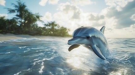 Naklejka premium Dolphin appears in calm waves near sandy coastline high resolution picture