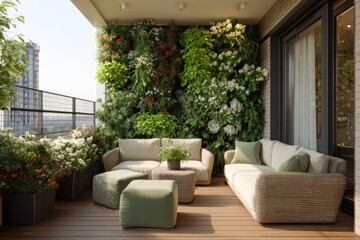 Bright balcony showcases a lush vertical garden enveloped by vibrant blooming flowers. Comfortable seating invites moments of relaxation under the sunny sky