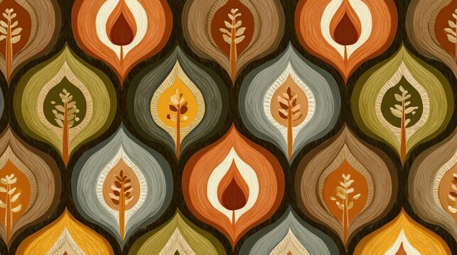 Abstract patterned textile with teardrop shapes.  Repeating design of stylized leaves and branches in warm autumnal colors on a dark background