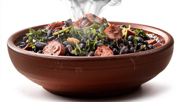An ultra-realistic image of a steaming Brazilian feijoada dish, with glossy black beans, succulent meat chunks, sausage, and saut&eacute;ed collard greens, served in a rustic clay bowl.