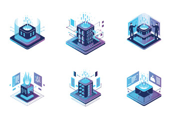 Isometric Data Center and Cloud Storage Illustrations for Digital Business Solutions and Advanced Server Technology with Modern Design