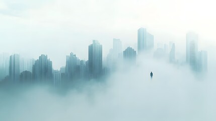 Fototapeta premium City skyline obscured by heavy fog or mist with a small figure.
