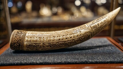 An ornate carved ivory tusk on a textured gray surface within a wooden display case