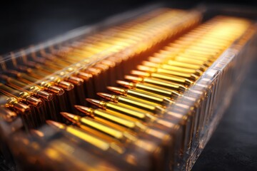 A tray of ammunition is displayed, casting golden hues with blurred background