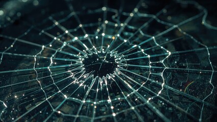 Fototapeta premium Detailed view of a shattered car window with colorful light dispersion.