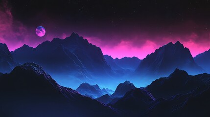 Nightscape mountain range with glowing full moon and vibrant purple sky background