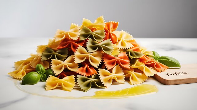 Colorful farfalle pasta bowties with fresh basil and wooden spoon