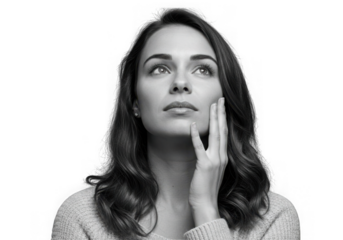 Woman with hand on face looking up in monochrome portraiture on transparent background