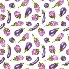 Watercolor eggplant pattern with detailed hand drawn botanical elements, perfect for food design, packaging, textiles, or seasonal cooking themes