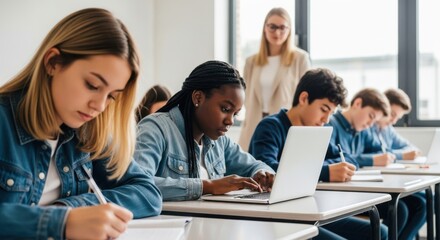 Fototapeta premium Students learning and taking notes in a modern classroom environment