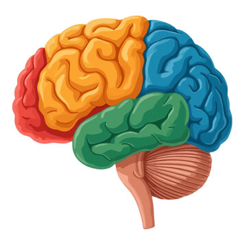 Anatomical illustration of a human brain with its major lobes color-coded for educational and medical purposes.