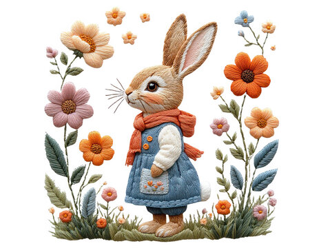 Rabbit wearing a blue dress and scarf among colorful flowers - Concept of cute embroidery for dtf printing 