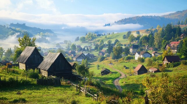 A serene rural village nestled in lush green hills with traditional wooden houses under a bright blue sky and morning mist.