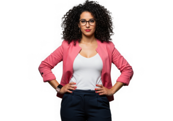 Woman with curly hair wearing glasses and a pink jacket pose on transparent background
