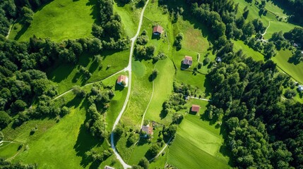Aerial view of a lush green countryside with scattered houses, winding roads, and dense forest patches surrounding open grassy fields.