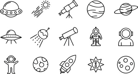 "Space and Astronomy Icon Set – UFOs, Astronauts, Telescopes, and Celestial Elements in Flat Design"