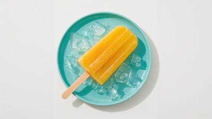 Top view of mango sorbet popsicles on a circular blue plate