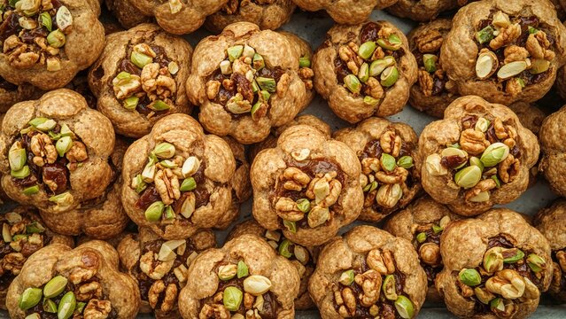 Homemade Middle Eastern pastries filled with a mix of dates, pistachios, and walnuts