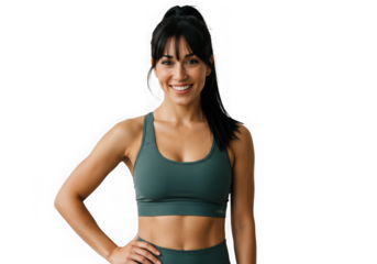 Portrait of a smiling woman in workout attire against dark wall on transparent background
