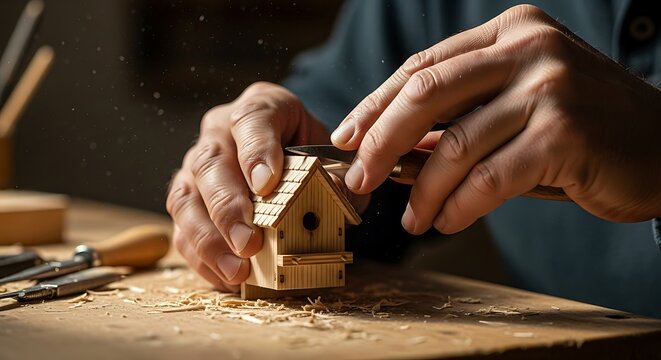 Crafting a Wooden Birdhouse: Skilled Hands at Work (AI Generated)