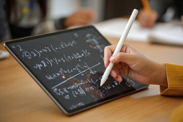 A students hand uses a stylus on a digital tablet, actively solving math equations as part of an online lesson. The setting showcases engagement in learning