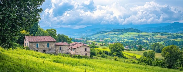 A peaceful rural landscape with stone houses, lush green fields, trees, and rolling hills under a partly cloudy blue sky.