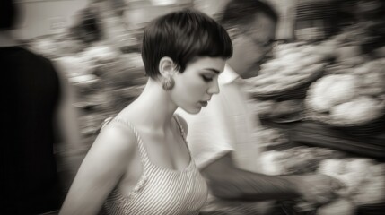 Naklejka premium A woman in motion, with blurred figures in the background.
