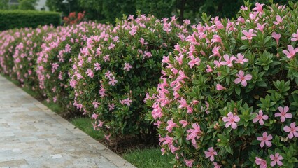 Landscaping a terrace featuring vibrant oleander shrubs beside a natural stone walkway