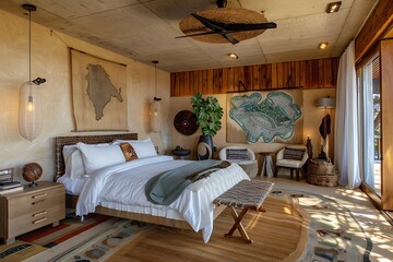 Earthy bedroom interior with natural light, textiles, wooden furniture and decor elements