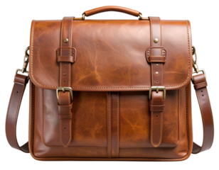 Classic Brown Leather Messenger Bag with Adjustable Strap Isolated on Transparent Background PNG