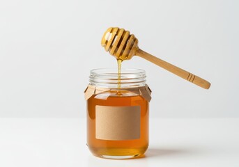 Honey dripping from dipper into glass jar
