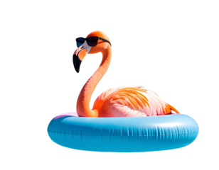 A stylish pink flamingo with sunglasses lounges on a colorful inflatable pool float on transparent background.