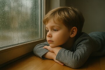 Child watches raindrops on window while resting on wooden floor inside cozy indoor space