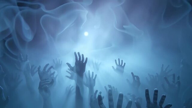 Terrifying misty scene with countless zombie hands rising into smoky Halloween darkness