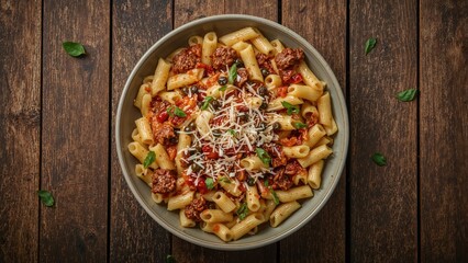 Savory macaroni with red chicory, anchovy fillets, capers, and cheese arranged on a wood and leaf setting