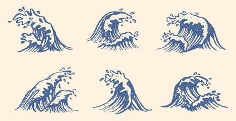 Collection of Ocean Wave icon in Retro Vintage Style, Surfing, T-shirt, Poster, Nature Waves Coastal Element, Vector Illustration