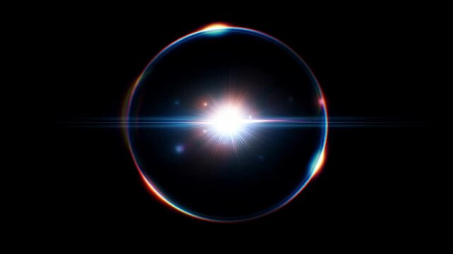 Bright light sphere with glowing aura and flares creates a striking visual effect in dark background