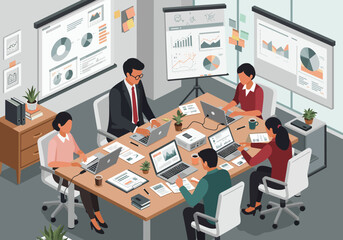 Business Team Meeting with Laptops and Charts, Isometric View