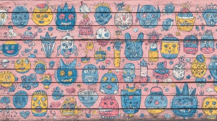 Naklejka premium Colorful monster faces adorn a pink wooden wall.