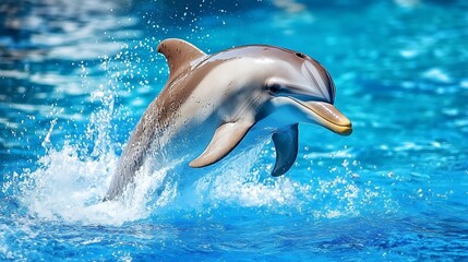 Dolphin mid air above splashing clear sea water high resolution picture