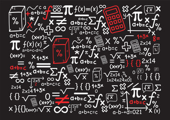 Seamless pattern with mathematical formulas on a chalkboard, back texture, Hand mix drawn math symbols. Math symbols trendy modern geometric, Vector illustration of chalkboard and math formulas