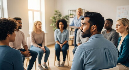 Diverse man and woman attend a group therapy session. People participate in a support meeting. Mental wellness and community help concept.