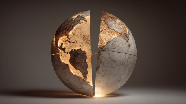 Globe divided into two halves with warm light emanating from within highlighting continents on a neutral background