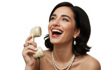 Woman laughing while holding a vintage telephone receiver up on transparent background